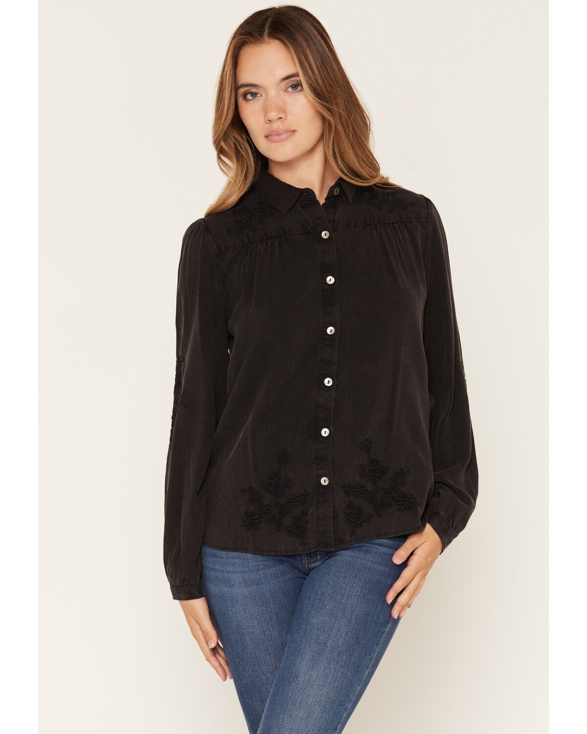 Lovestitch Women's Floral Embroidered Long Sleeve Button-Down Western Shirt, Black, hi-res