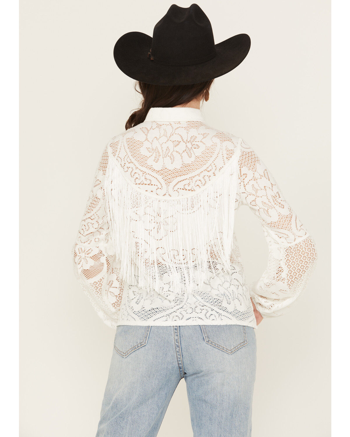 Image #4 - Shyanne Women's Fringe Long Sleeve Button-Down Lace Shirt, Ivory, hi-res
