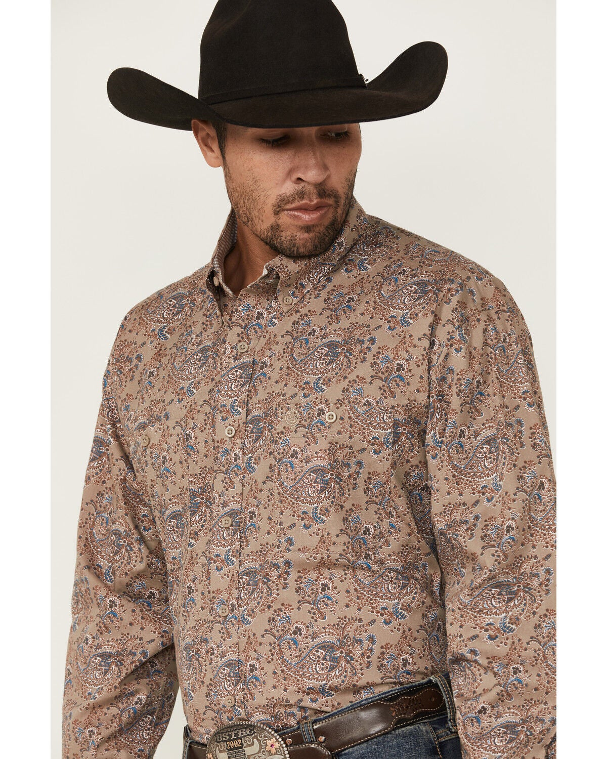 Image #2 - George Strait by Wrangler Men's Paisley Print Long Sleeve Button-Down Stretch Western Shirt, Brown, hi-res