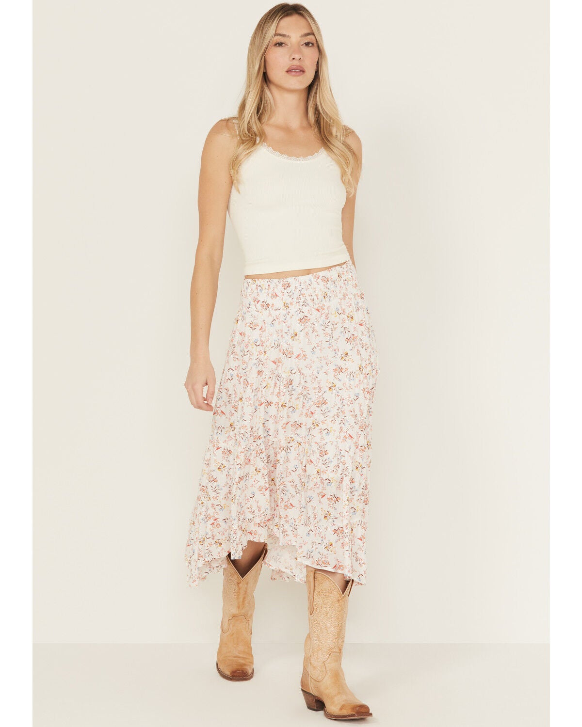 Wild Moss Women's Floral Print High-Low Midi Skirt, Ivory, hi-res