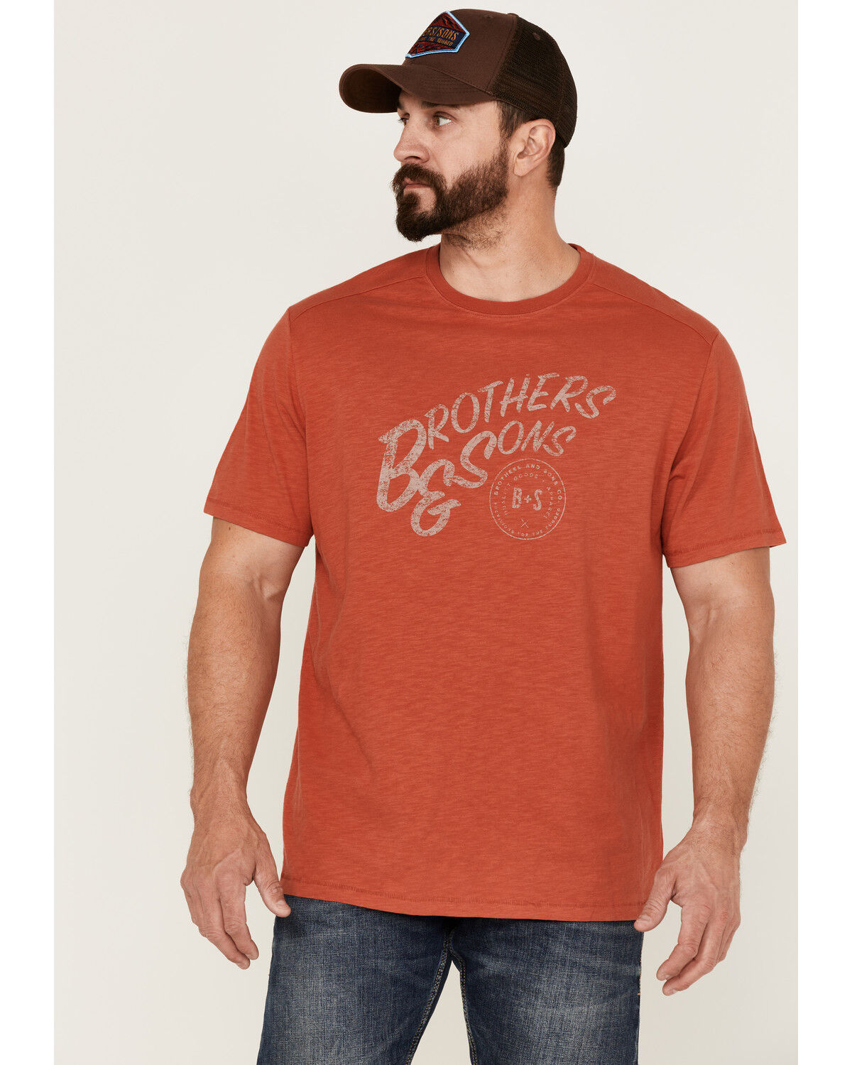 Image #1 - Brothers and Sons Men's Mercantile Light Red Weathered Slub Graphic Short Sleeve T-Shirt, Orange, hi-res