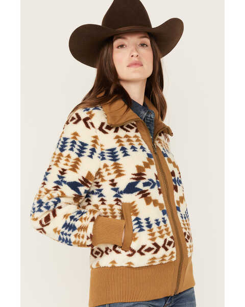Image #2 - Pendleton Women's Foxglove Berber Mixed Print Fleece Bomber Jacket , Brown, hi-res