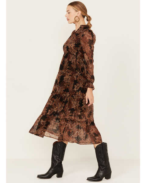 Image #2 - Wild Moss Women's Floral Pais Print Long Sleeve Midi Dress, Dark Brown, hi-res