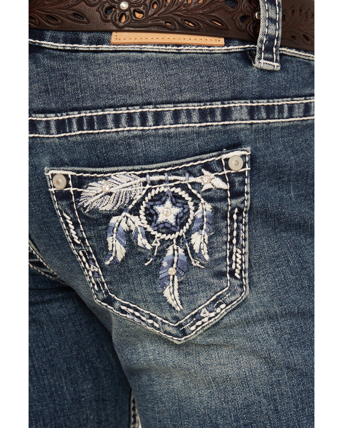 Image #2 - Shyanne Girls' Arrowhead Dark Wash Dreamcatcher Pocket Bootcut Stretch Denim Jeans, Dark Wash, hi-res