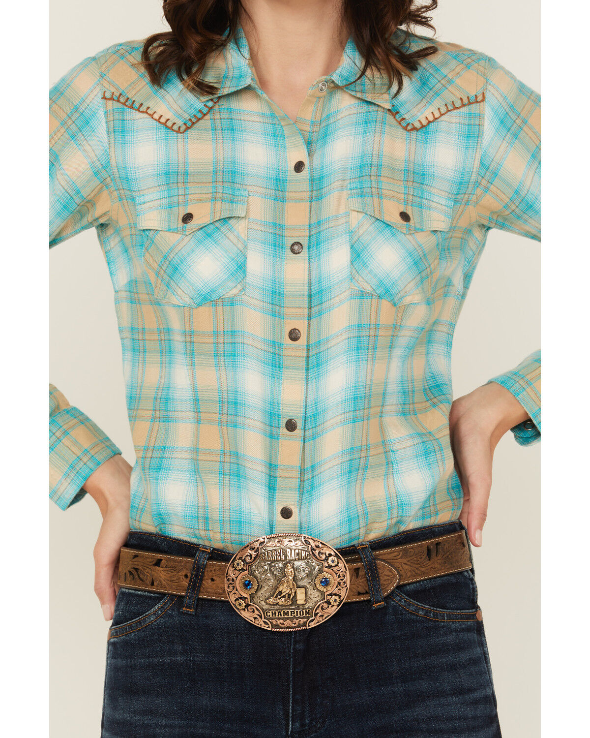 Image #3 - Ariat Women's Plaid Print Long Sleeve Snap Western Shirt, Tan, hi-res