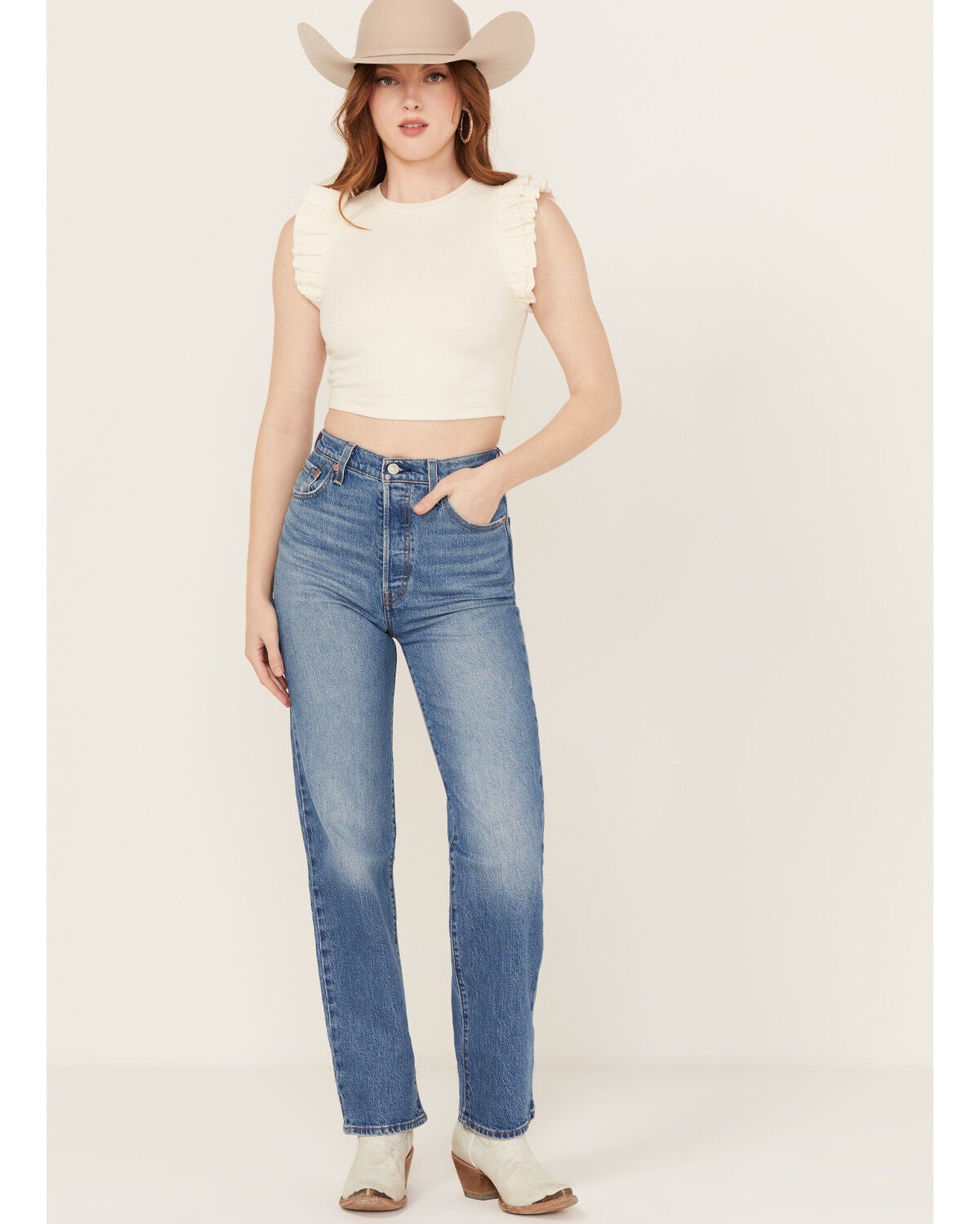 Levi's Premium Women's Dance Around Medium Wash High Rise Ribcage Straight Stretch Denim Jeans, Medium Wash, hi-res