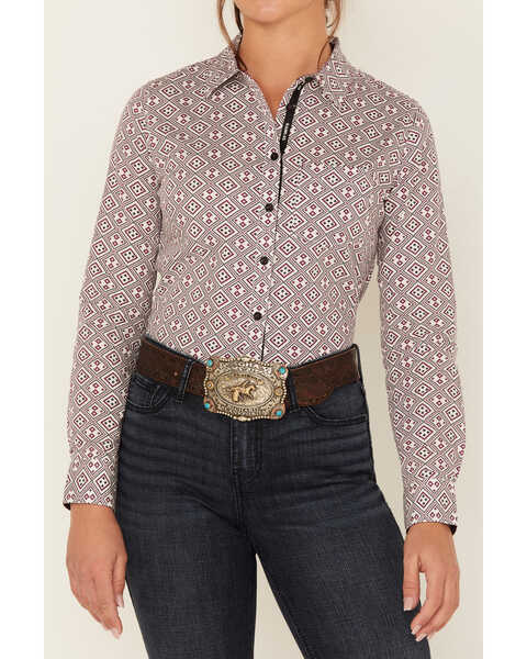 Image #3 - RANK 45® Women's Geo Print Long Sleeve Button-Down Stretch Riding Shirt, Ivory, hi-res
