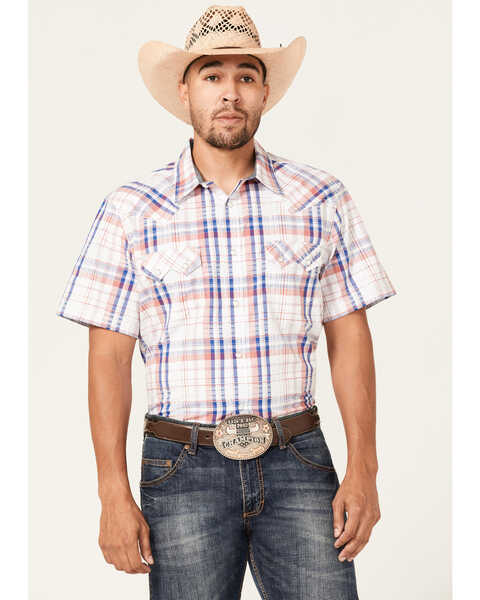 Cody James Men's Woodson Large Plaid Short Sleeve Snap Western Shirt , White, hi-res