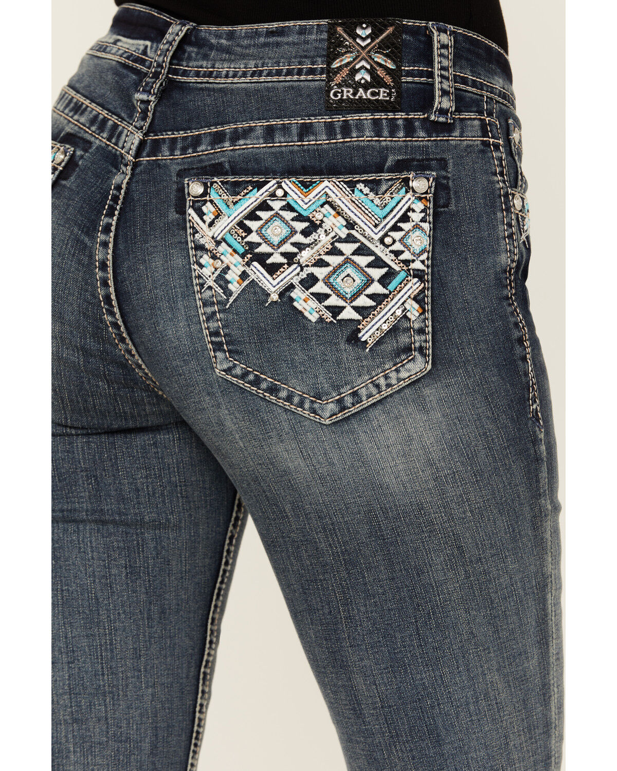 Image #2 - Grace in LA Women's Medium Wash Mid Rise Southwestern Print Pocket Stretch Bootcut Jeans, Medium Wash, hi-res