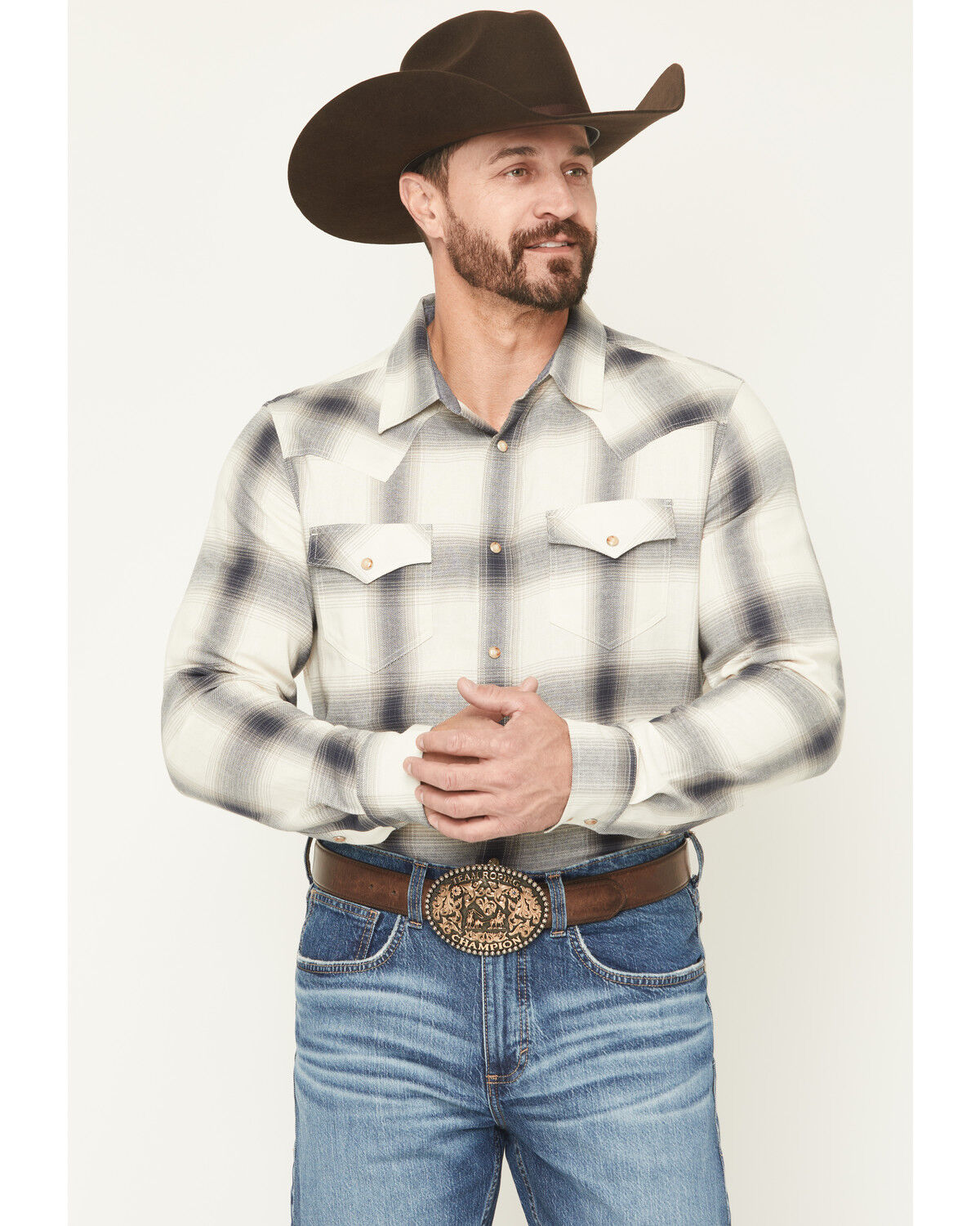 Image #1 - Cody James Men's Ruddiman Plaid Print Long Sleeve Snap Western Shirt, Cream, hi-res