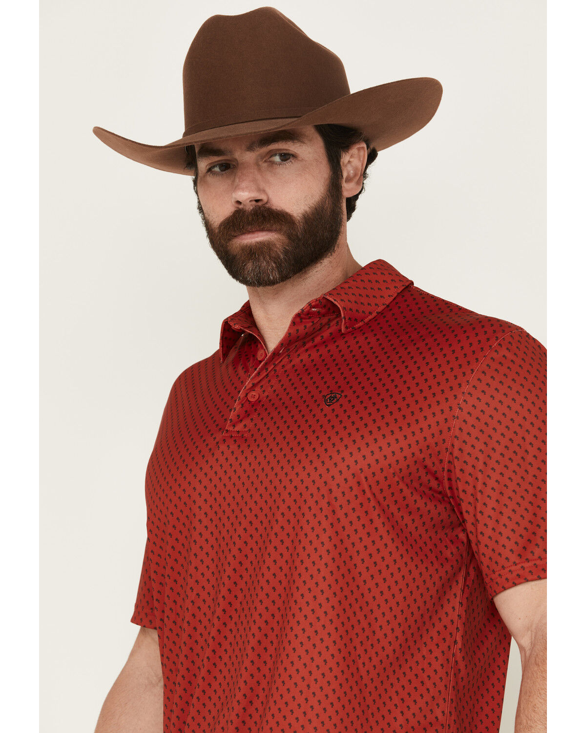 Image #2 - Ariat Men's Palm Tree Print Short Sleeve Polo, Red, hi-res