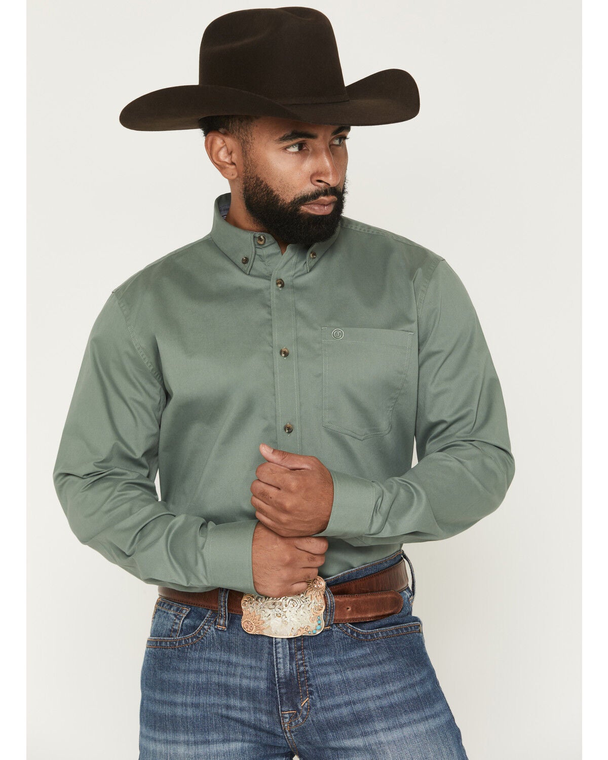 Image #1 - Cody James Men's Basic Solid Long Sleeve Button-Down Stretch Western Shirt, Sage, hi-res