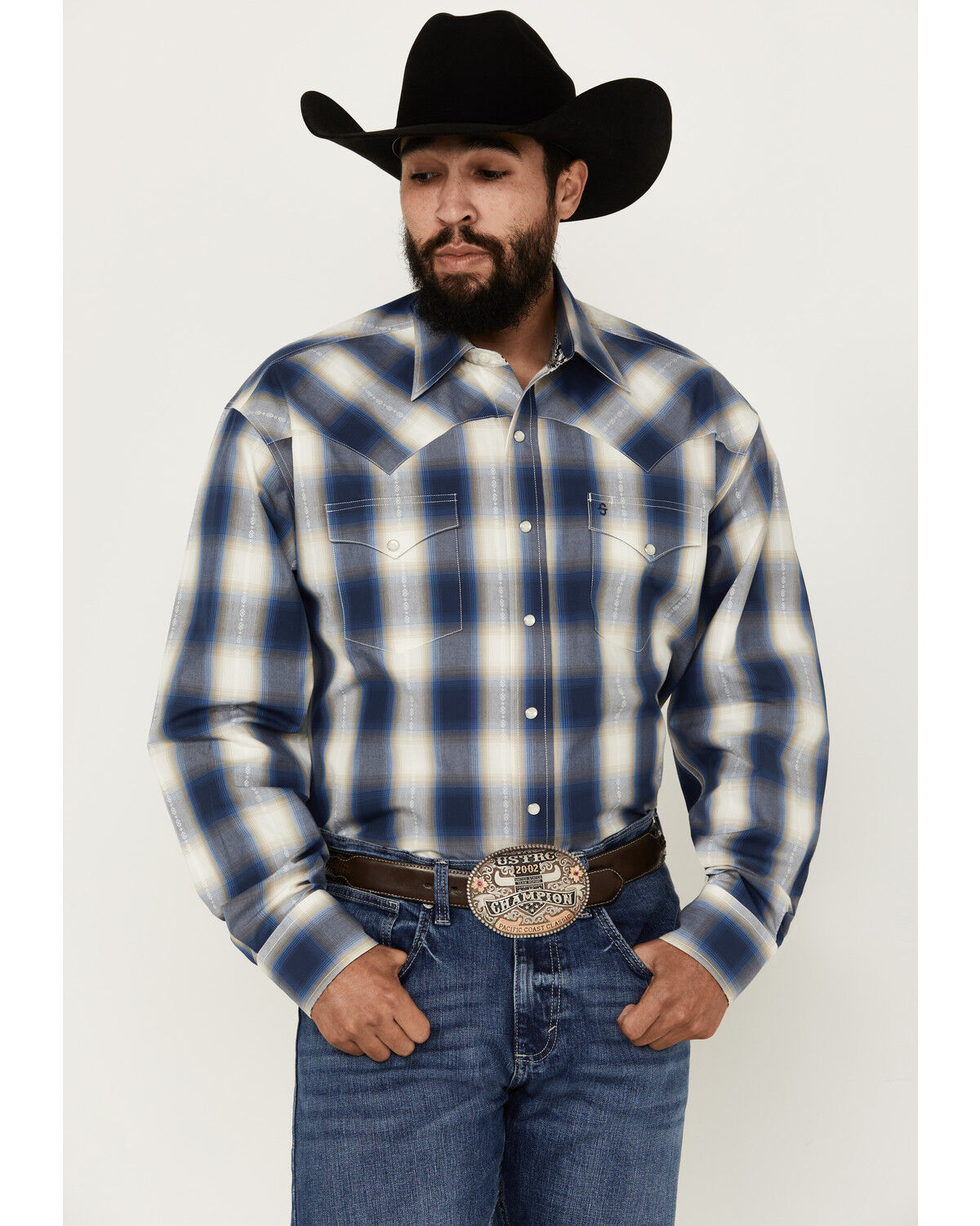 Image #1 - Stetson Men's Plaid Print Long Sleeve Pearl Snap Western Shirt, Dark Blue, hi-res