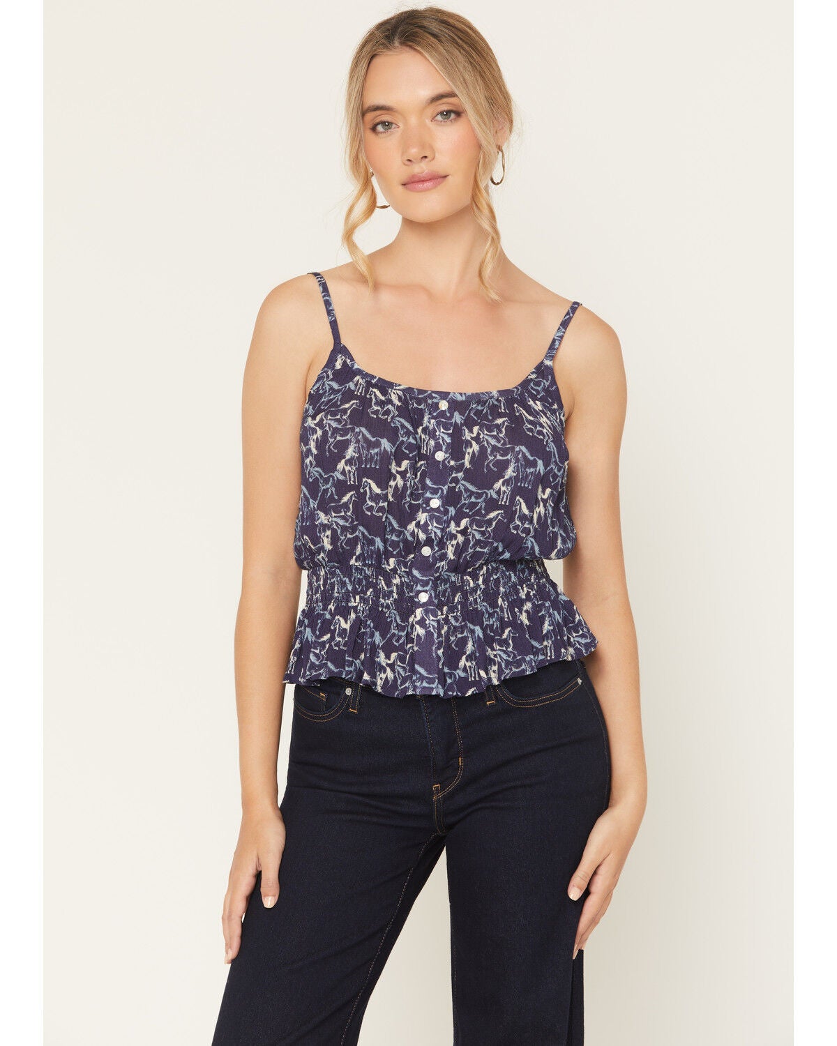 Rock & Roll Denim Women's Running Horses Sleeveless Button-Down Tank Top, Navy, hi-res