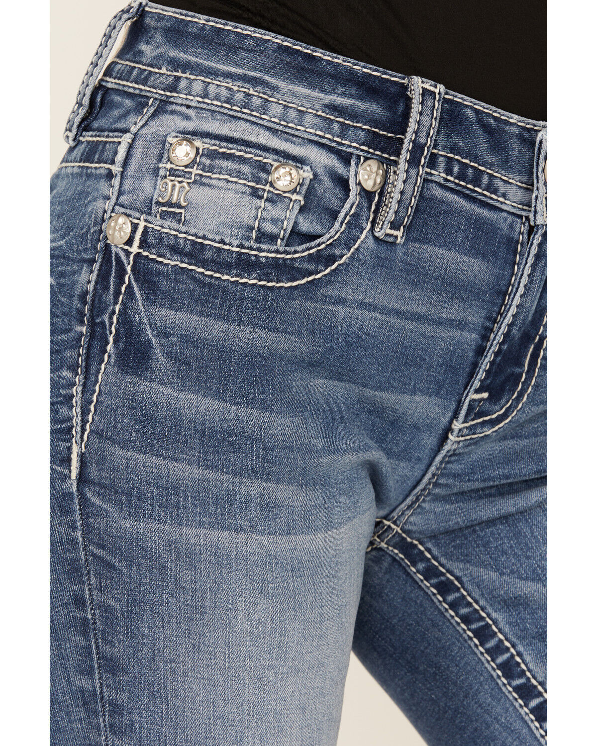 Image #4 - Miss Me Women's Medium Wash Slim Fit Fleur de Lis Pocket Bootcut Stretch Denim Jeans, Medium Wash, hi-res