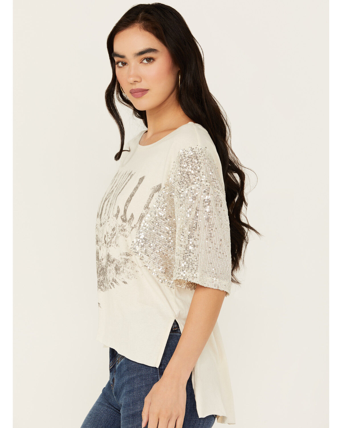 Image #2 - La La Land Women's Sequins Sleeve High Low Nashville Graphic Tee, , hi-res