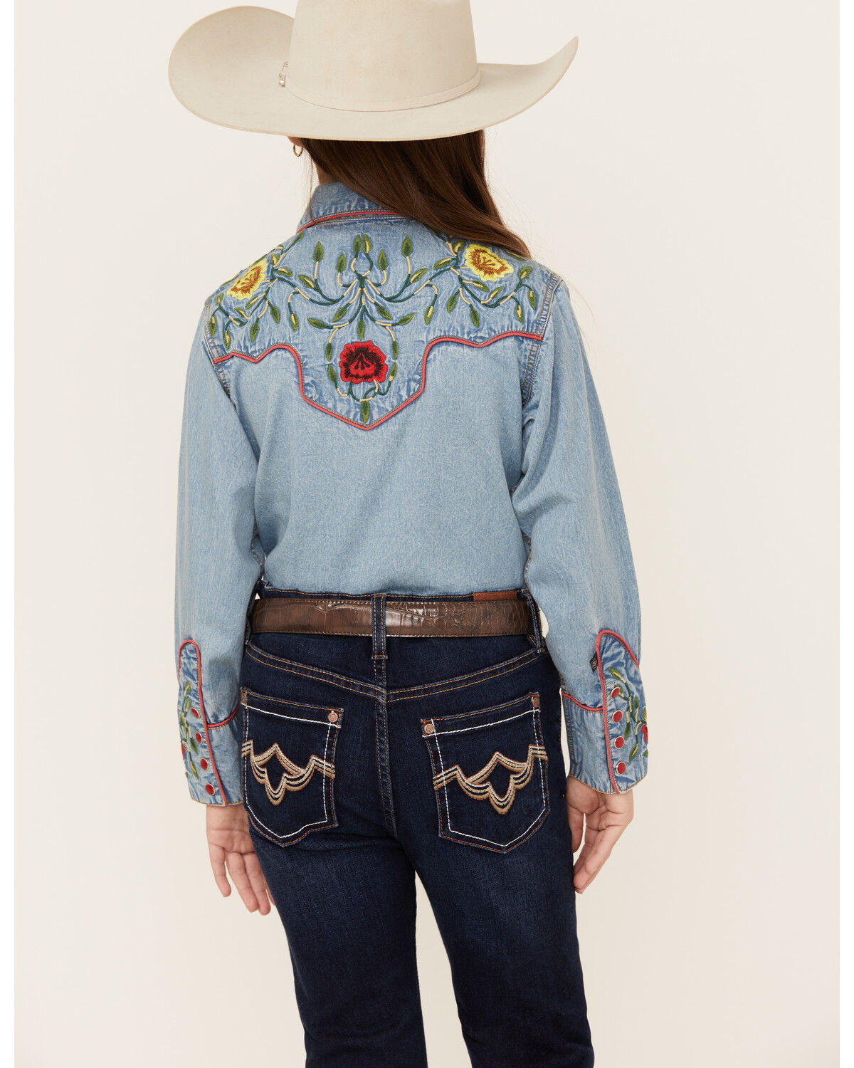 Image #4 - Rockmount Ranchwear Girls' Floral Yoke Long Sleeve Pearl Snap Denim Western Shirt, , hi-res