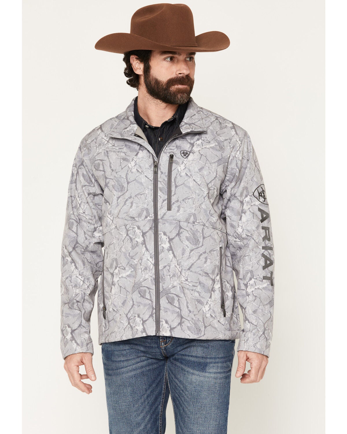 Ariat Men's Camo Print Logo Softshell Jacket, Grey, hi-res