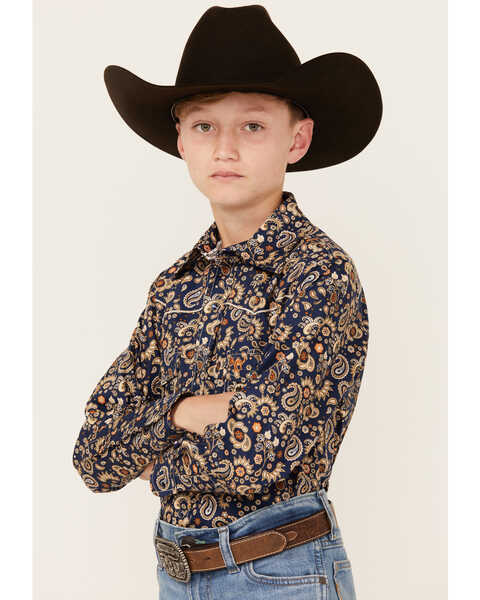 Image #2 - Cowboy Hardware Boys' Paisley Print Long Sleeve Snap Western Shirt , Navy, hi-res