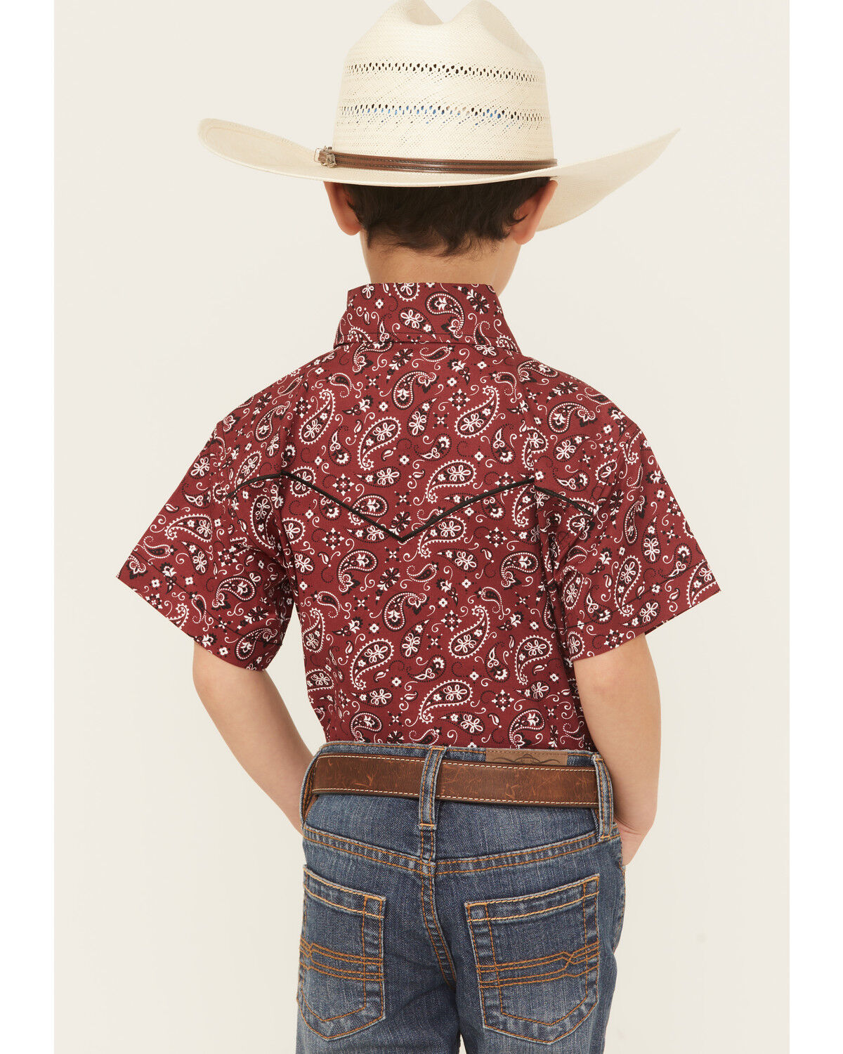 Image #4 - Cowboy Hardware Boys' Paisley Print Short Sleeve Snap Stretch Western Shirt, Red, hi-res