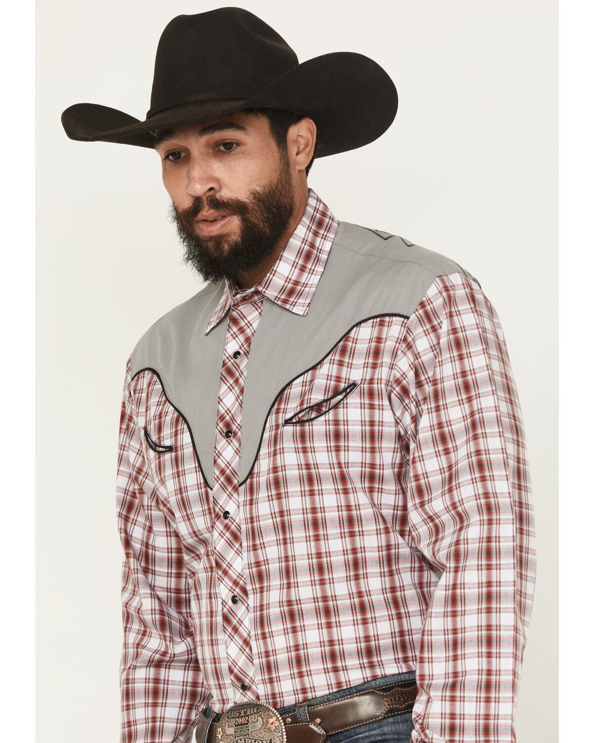 Image #2 - Roper Men's Plaid Print Embroidered Long Sleeve Snap Stretch Western Shirt, Red, hi-res