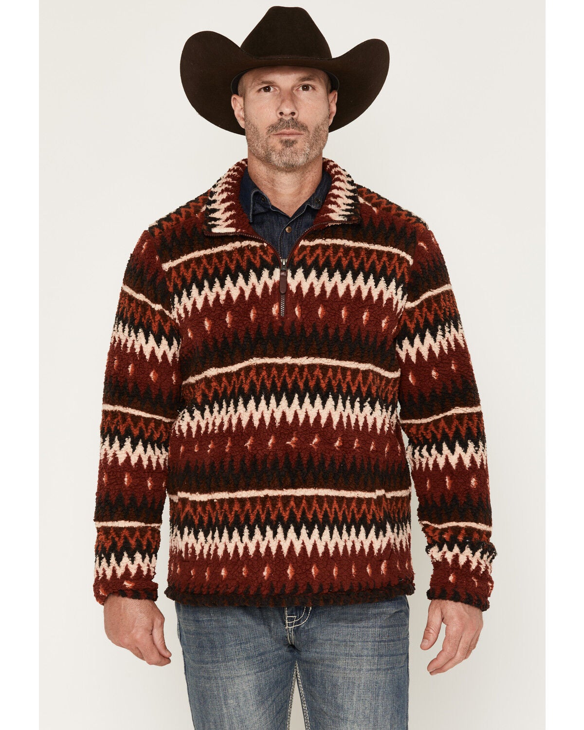 Cody James Men's Voyage Southwestern Striped Sherpa 1/4 Zip Pullover, Dark Red, hi-res