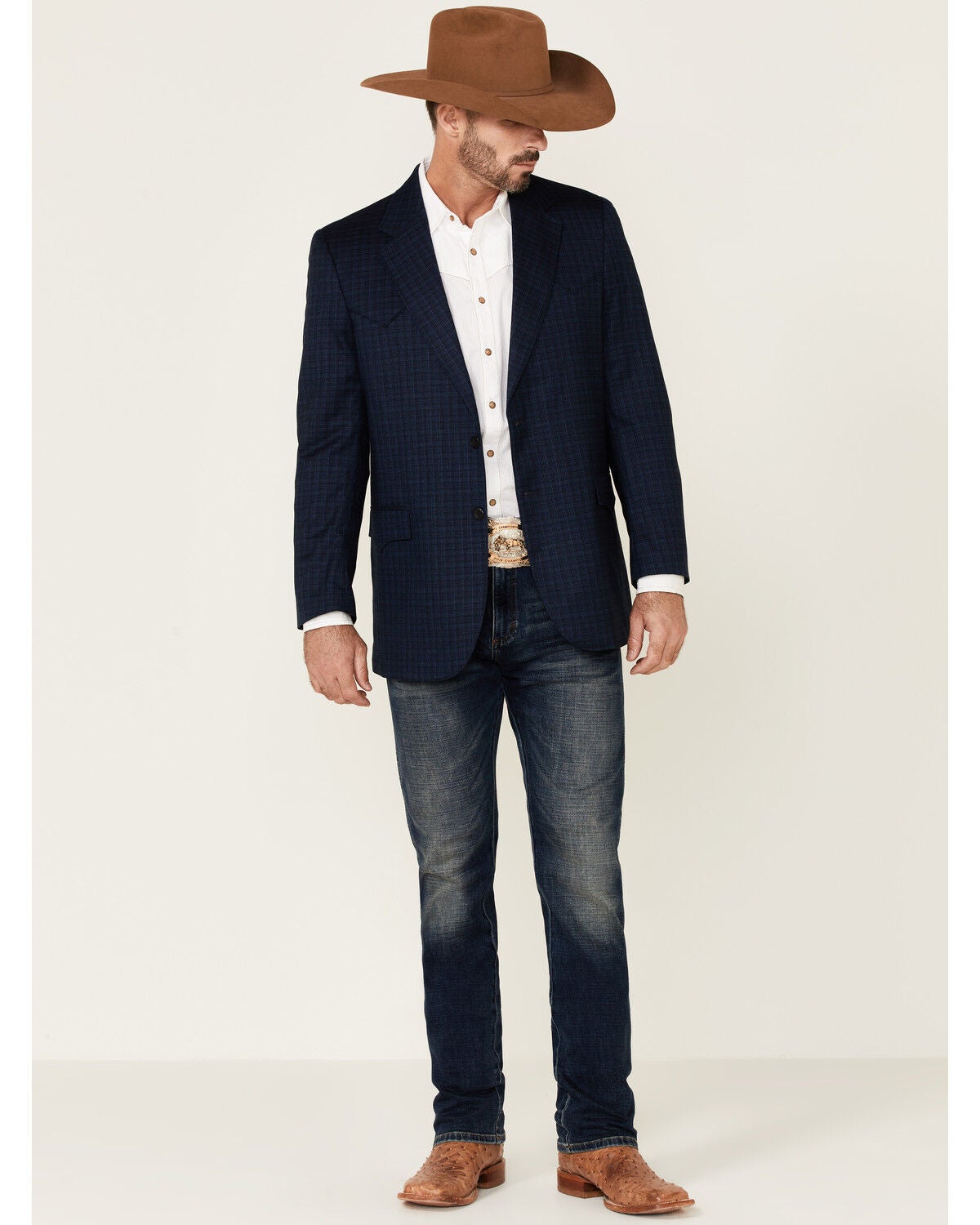 Image #2 - Cripple Creek Men's Navy Lubbock Small Plaid Button-Front Western Sportcoat , , hi-res