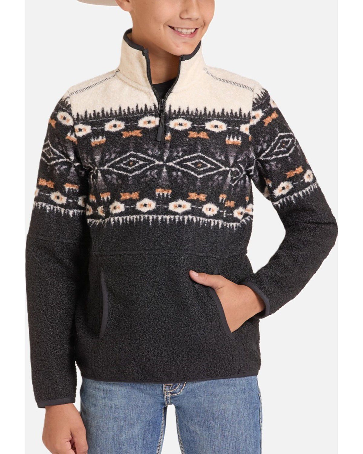 Powder River Outfitters Boys' Southwestern Print Berber 1/4 Zip-Up Pullover, Blue, hi-res