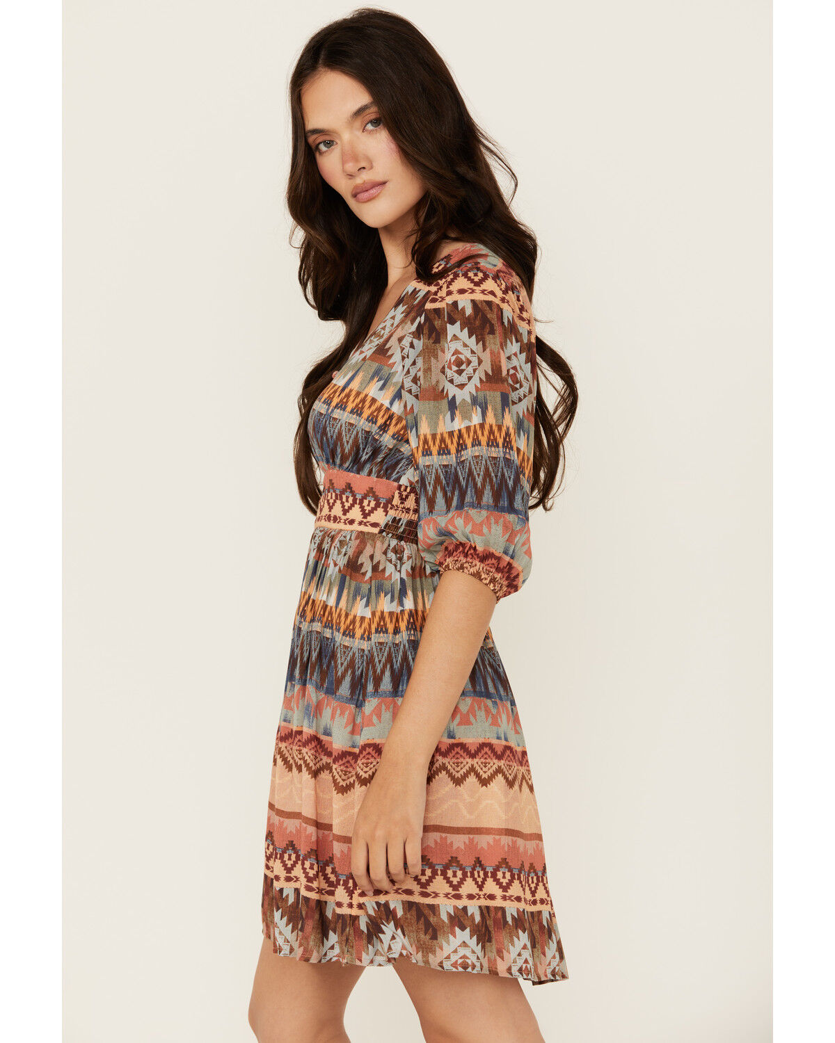 Image #2 - Shyanne Women's Southwestern Print Long Sleeve Mini Dress, Navy, hi-res