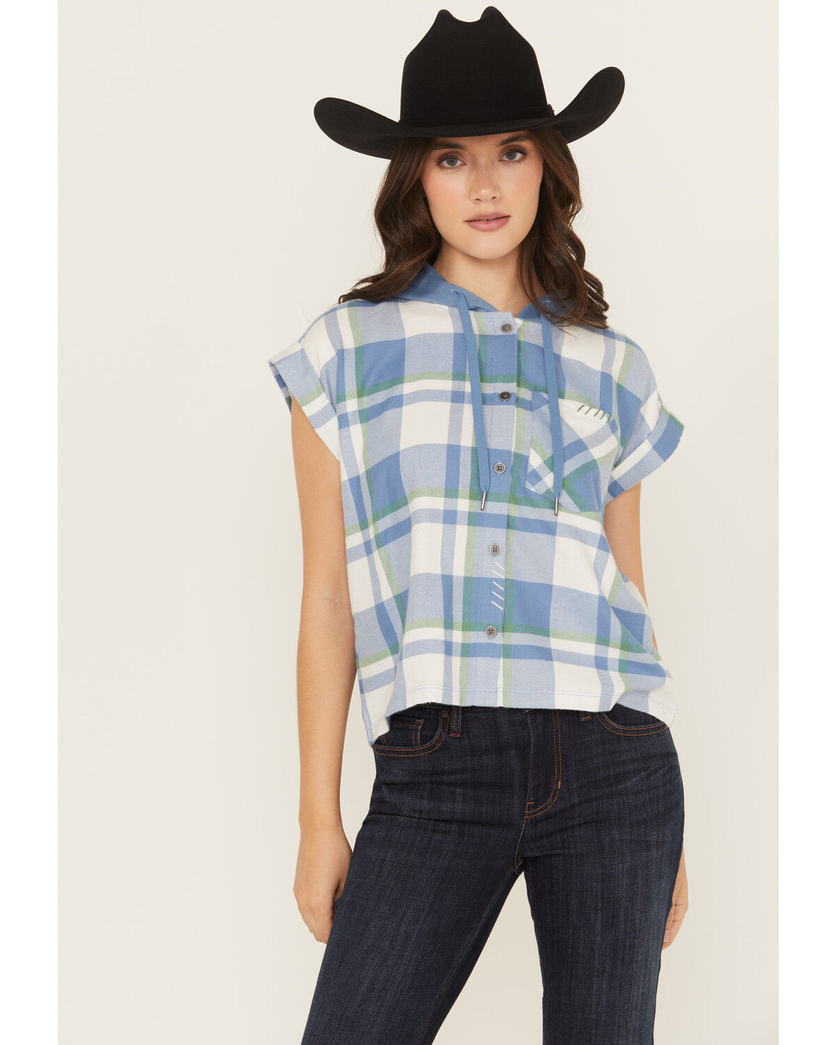Image #1 - Cleo + Wolf Women's Electra Plaid Print Short Sleeve Button-Down Hooded Shirt, Steel Blue, hi-res