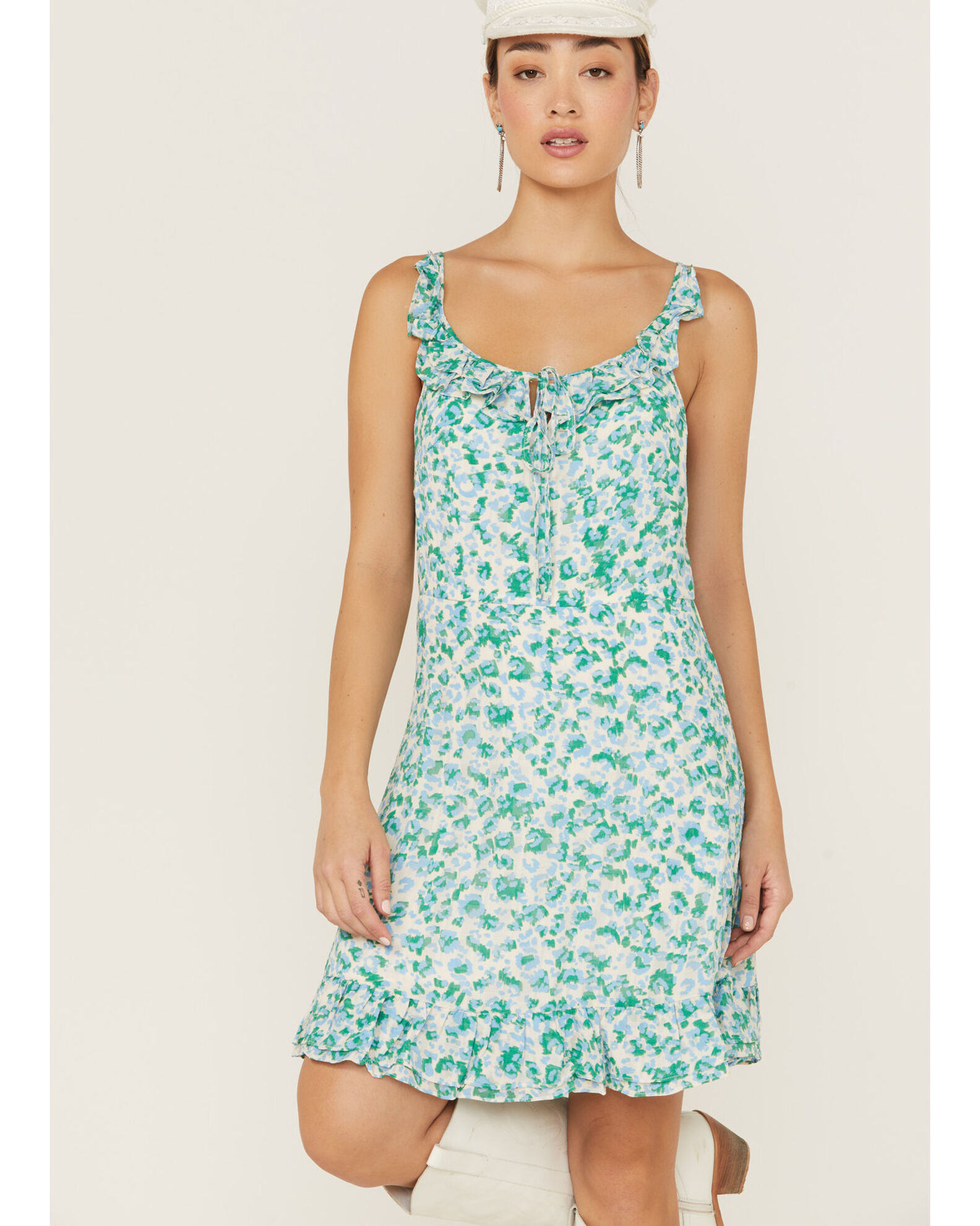 Image #4 - Molly Bracken Women's Floral Print Ruffle Trim Sleeveless Mini Dress, Blue, hi-res