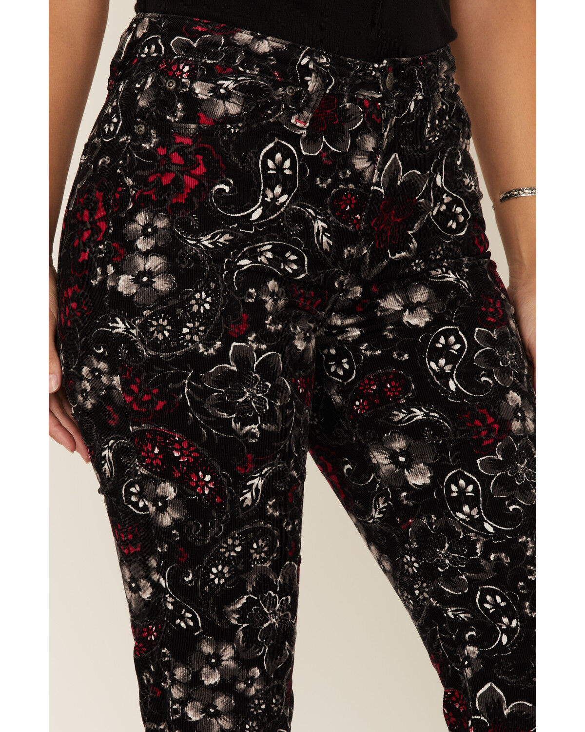 Image #2 - Idyllwind Women's Floral Print High Rise Flare Corduroy Jeans, Black, hi-res
