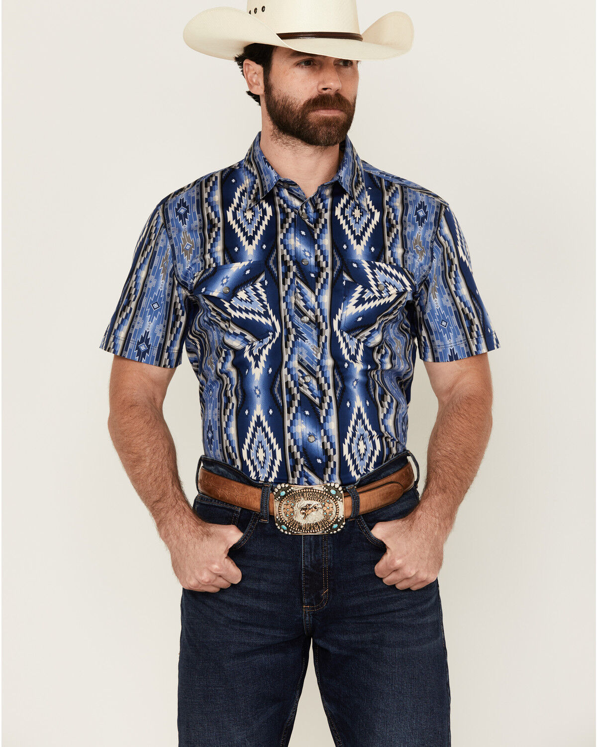 Image #1 - Rock & Roll Denim Men's Southwestern Print Short Sleeve Snap Stretch Western Shirt, Blue, hi-res