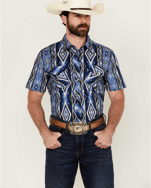 Rock & Roll Denim Men's Southwestern Print Short Sleeve Snap Stretch Western Shirt , Blue, hi-res