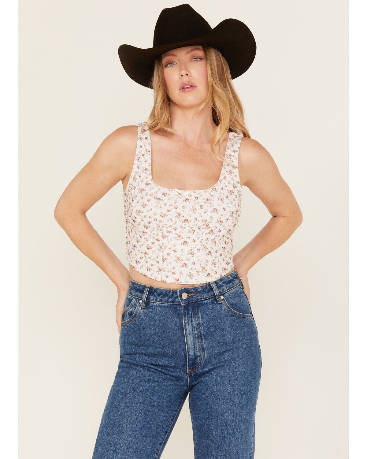 Originality Women's Floral Print Eyelet Cropped Corset Top, Cream, hi-res