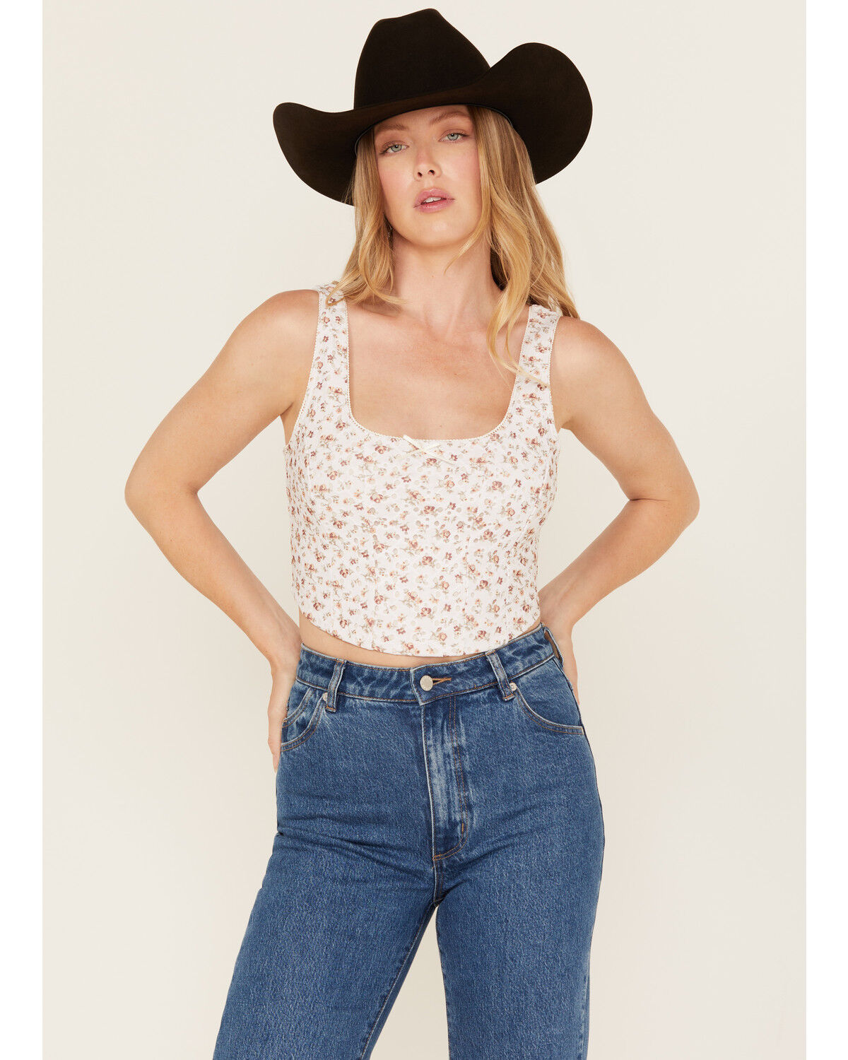 Image #1 - Originality Women's Floral Print Eyelet Cropped Corset Top, Cream, hi-res