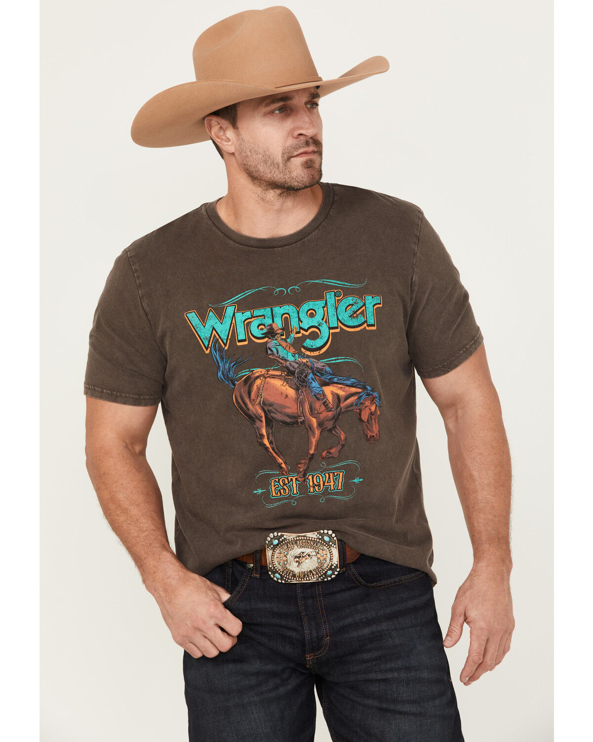 Image #1 - Wrangler Men's Bucking Bronco Logo Short Sleeve Graphic T-Shirt, Brown, hi-res
