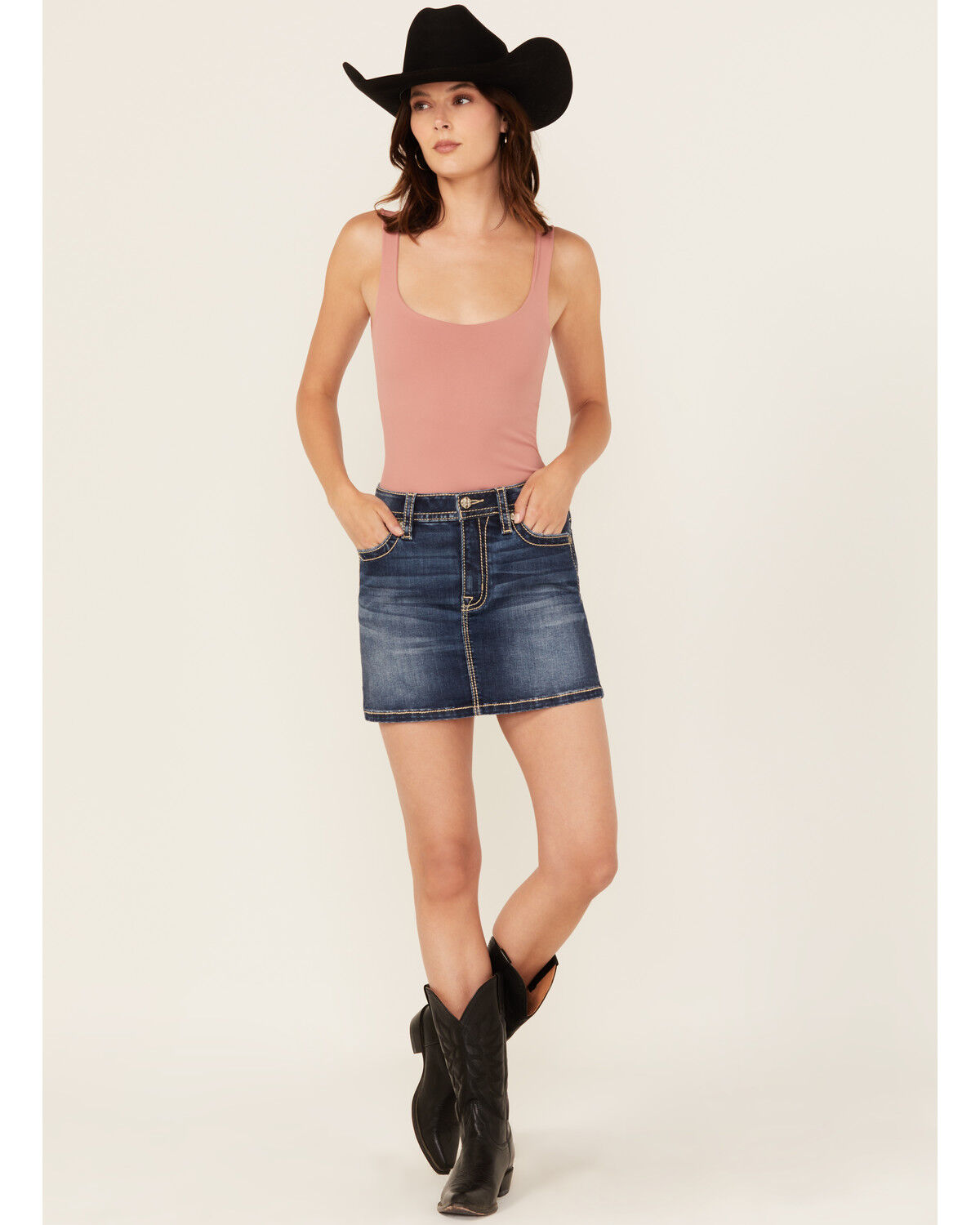 Image #3 - Miss Me Women's Dark Wash Embroidered Pocket Stretch Denim Mini Skirt, Dark Wash, hi-res
