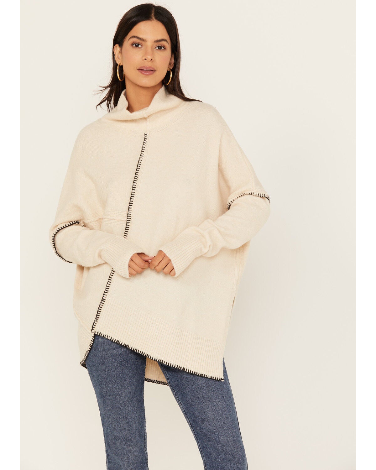 Revel Women's Asymmetrical Contrast Stitch Turtleneck Sweater, Cream, hi-res