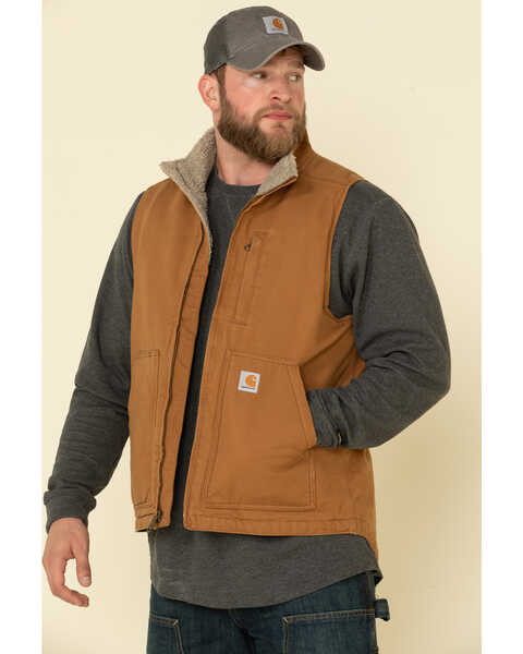 Image #1 - Carhartt Men's Brown Washed Duck Sherpa Lined Mock Neck Work Vest - Big , Brown, hi-res