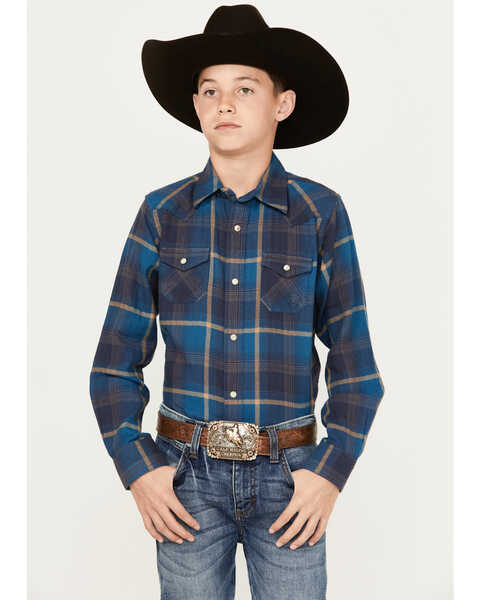 Ariat Boys' Harland Plaid Print Long Sleeve Snap Western Shirt, Blue, hi-res