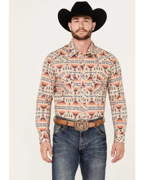 Rock & Roll Denim Men's Southwestern Print Stretch Long Sleeve Snap Western Shirt, Orange, hi-res