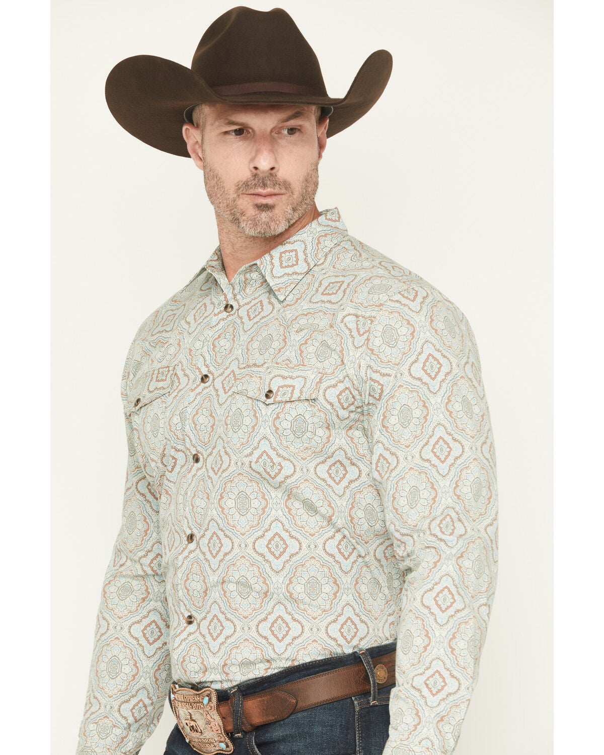 Image #2 - Gibson Trading Co Men's Garfunkle Medallion Print Long Sleeve Snap Stretch Western Shirt, Mint, hi-res