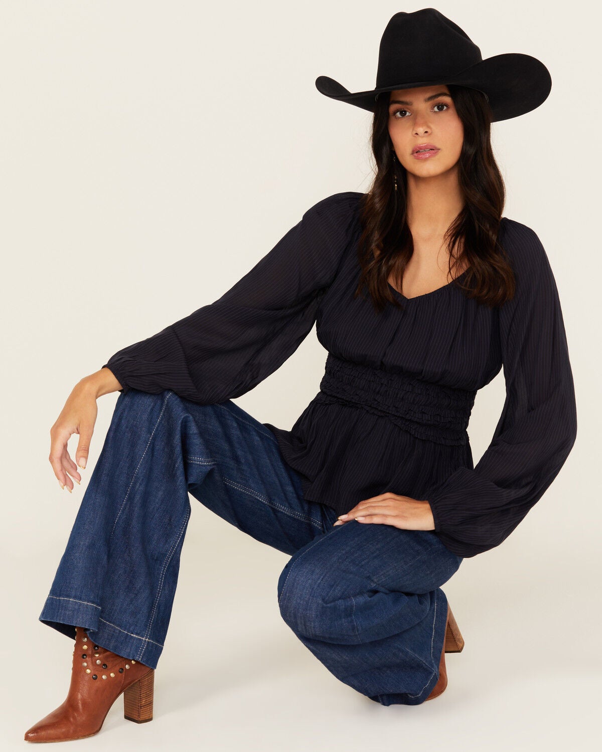 Image #1 - Shyanne Women's Dobby Pinstripe Long Sleeve Blouse, Indigo, hi-res