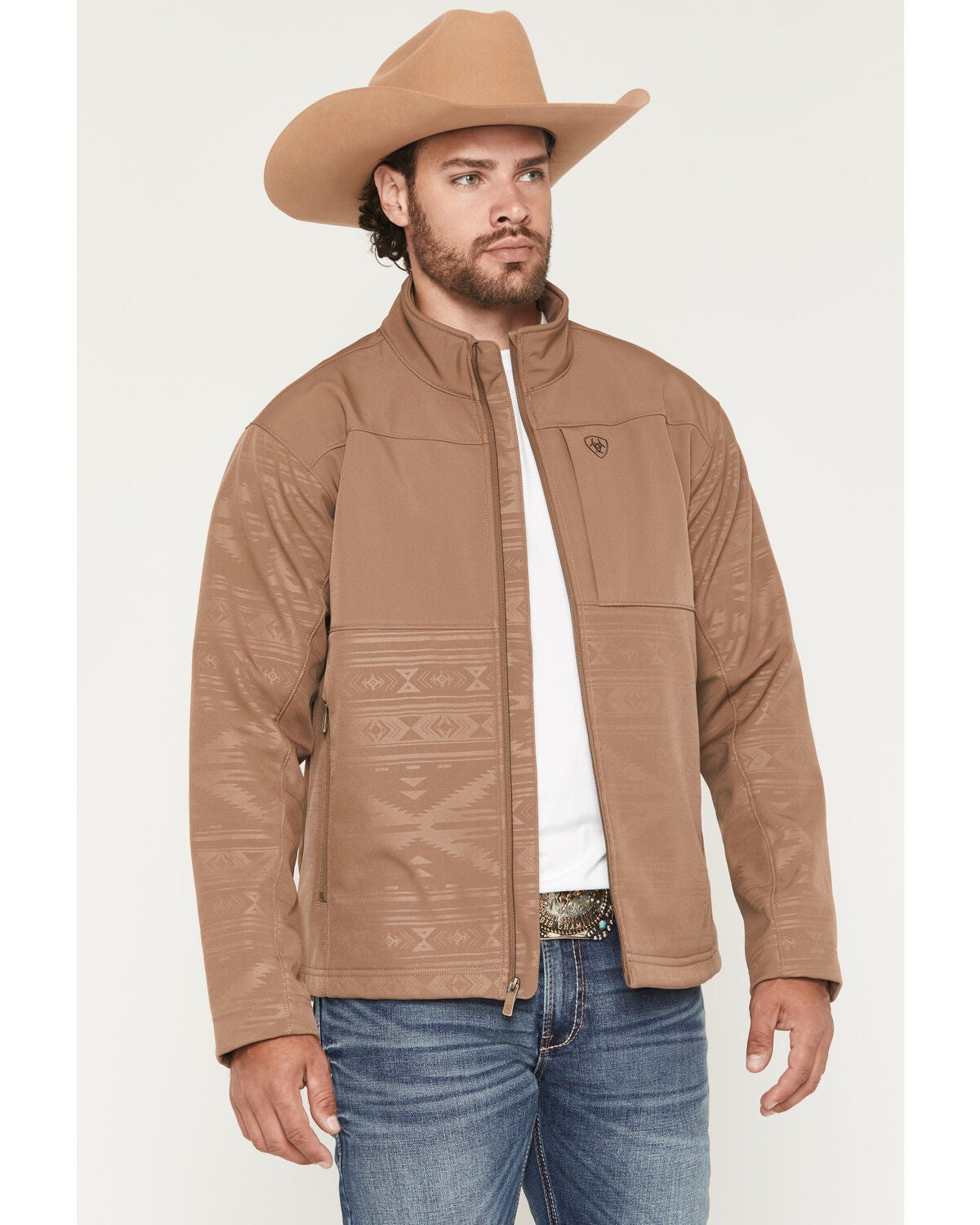 Ariat Men's Vernon Tonal Southwestern Softshell Jacket, Tan, hi-res