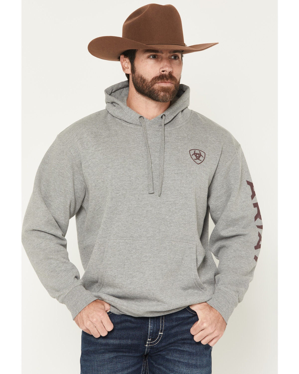 Image #1 - Ariat Men's Logo Graphic Hooded Sweatshirt - Tall, Grey, hi-res