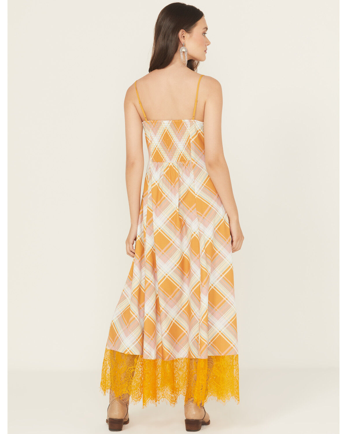 Image #4 - Beyond The Radar Women's Plaid Print Lace Trim Sleeveless Maxi Dress, Gold, hi-res