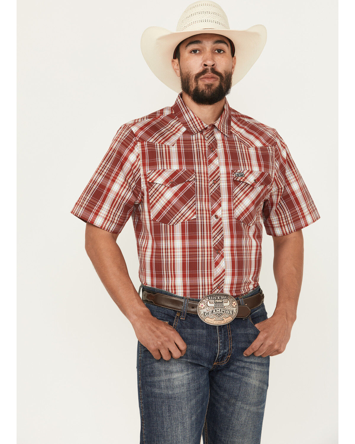 Image #1 - Kimes Ranch Men's Wabasa Plaid Print Short Sleeve Pearl Snap Performance Western Shirt, Red, hi-res