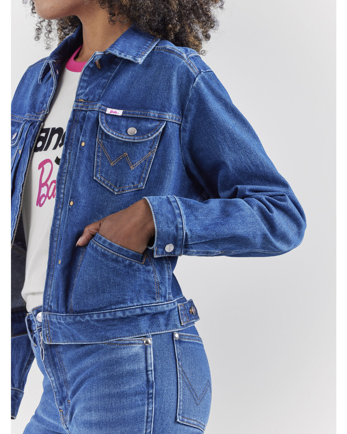 Image #4 - Wrangler® X Barbie™ Women's Dark Wash Barbie™ Logo Zip Front Denim Jacket, Dark Wash, hi-res