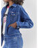 Image #4 - Wrangler® X Barbie™ Women's Dark Wash Barbie™ Logo Zip Front Denim Jacket, Dark Wash, hi-res